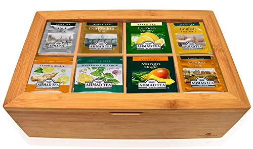 Assorted Tea Case Ahmad Tea Bags Sampler Assortment in Bamboo Tea Bag Organizer, 60 Coun ...
